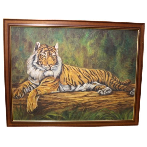 44 - Stunning Framed Oil on Canvas Large Painting of a Majestic Tiger Laying Down but Still Alert by Kent... 