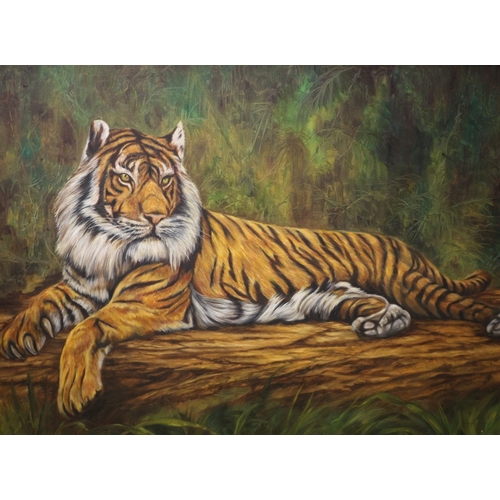 44 - Stunning Framed Oil on Canvas Large Painting of a Majestic Tiger Laying Down but Still Alert by Kent... 