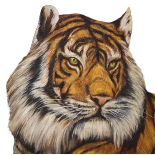 44 - Stunning Framed Oil on Canvas Large Painting of a Majestic Tiger Laying Down but Still Alert by Kent... 