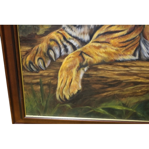 44 - Stunning Framed Oil on Canvas Large Painting of a Majestic Tiger Laying Down but Still Alert by Kent... 