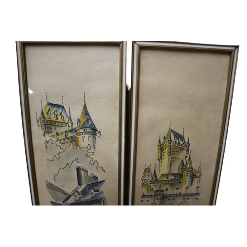 50 - 2 x Pen and Watercolour Paintings of Chateau Frontenoc and Hotel Chevalier in Quebec - 1967 by Artis... 