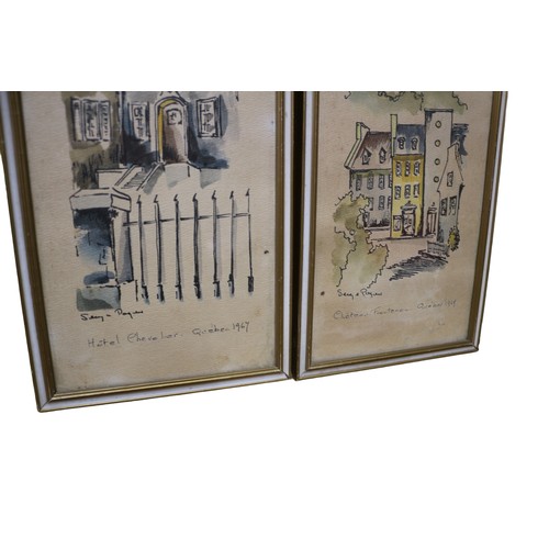 50 - 2 x Pen and Watercolour Paintings of Chateau Frontenoc and Hotel Chevalier in Quebec - 1967 by Artis... 