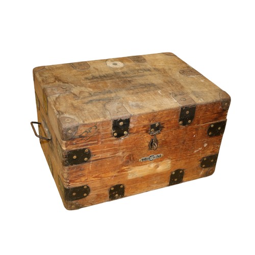 55 - Vintage Stained Pine Storage Trunk with Iron Bindings and Corner Protectors - Inside Has Candle Box ... 