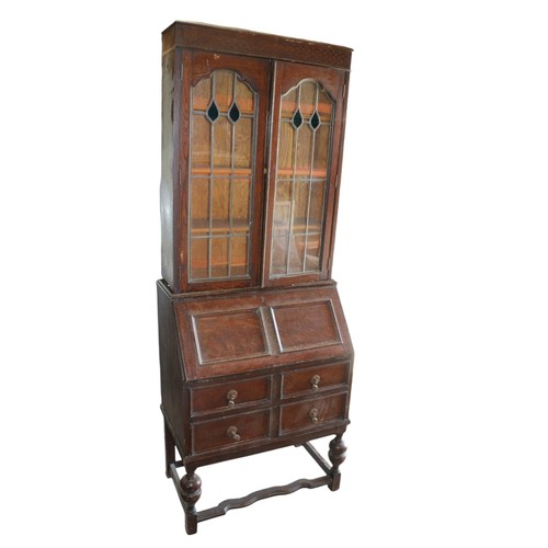 57 - Early 20th Century Display Unit with Bureau Beneath - Display Section Has Tulip Design Leaded Light ... 