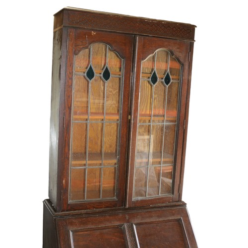 57 - Early 20th Century Display Unit with Bureau Beneath - Display Section Has Tulip Design Leaded Light ... 