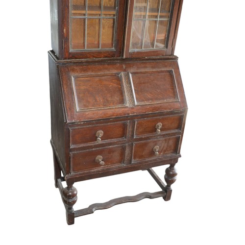 57 - Early 20th Century Display Unit with Bureau Beneath - Display Section Has Tulip Design Leaded Light ... 