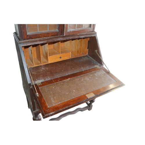 57 - Early 20th Century Display Unit with Bureau Beneath - Display Section Has Tulip Design Leaded Light ... 