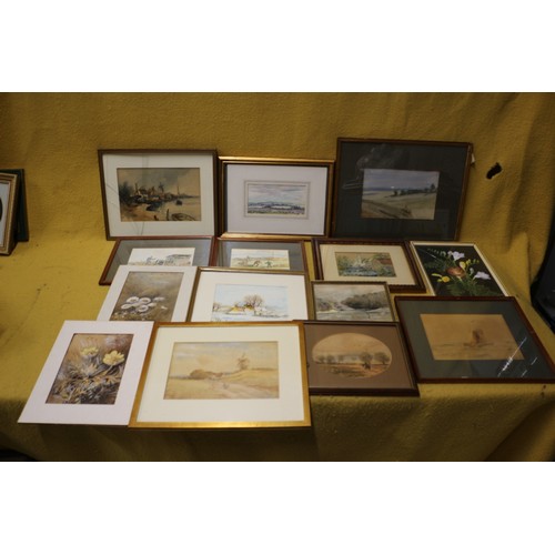 122 - Selection, (14), of Mixed Media Paintings - Several Signed - all except 1 are Framed and Glazed