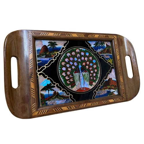 5 - Vintage Butterfly Wing Serving Tray with Ornate Inlaid Edging Originally from Rio de Janeiro - 36cm ... 