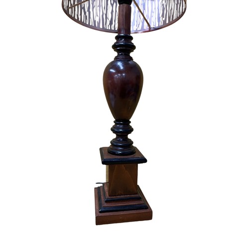 13 - Very Nice and Large Vintage Turned Wood Table Lamp with Unusual Shade - 76cm Tall