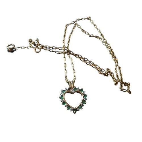 29 - 10ct Gold Heart Pendant with Small Emeralds Set on a 10ct Chain - 4.2g Total Weight - Estate Sale