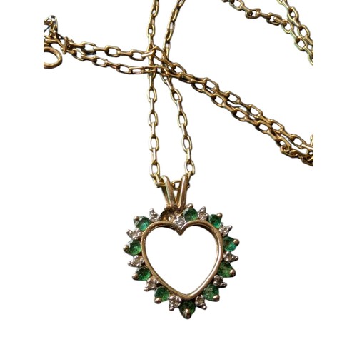 29 - 10ct Gold Heart Pendant with Small Emeralds Set on a 10ct Chain - 4.2g Total Weight - Estate Sale