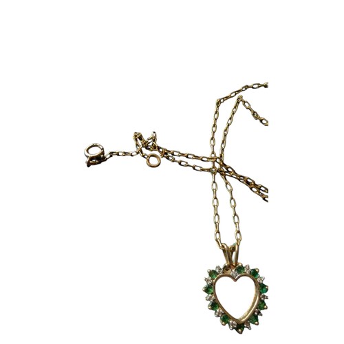 29 - 10ct Gold Heart Pendant with Small Emeralds Set on a 10ct Chain - 4.2g Total Weight - Estate Sale