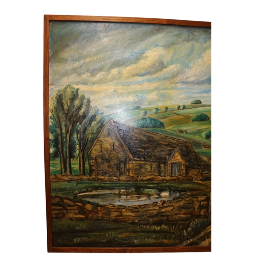 26 - Very Large Commissioned Oil on Board Painting by Alban Atkins of a French Farm with Pond - 141 x 110... 