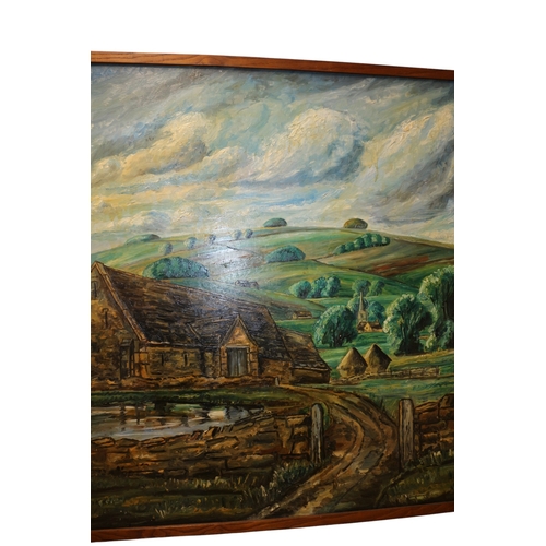 26 - Very Large Commissioned Oil on Board Painting by Alban Atkins of a French Farm with Pond - 141 x 110... 