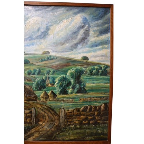 26 - Very Large Commissioned Oil on Board Painting by Alban Atkins of a French Farm with Pond - 141 x 110... 