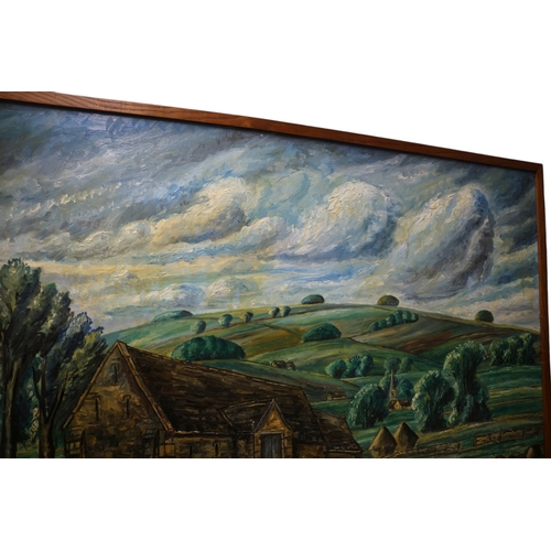 26 - Very Large Commissioned Oil on Board Painting by Alban Atkins of a French Farm with Pond - 141 x 110... 