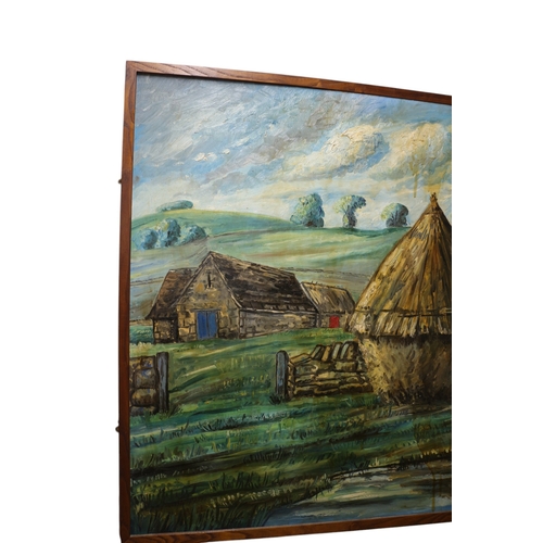 27 - Very Large Commissioned Oil on Board Painting by Alban Atkins of a French Farm with Pond and Hay Sta... 