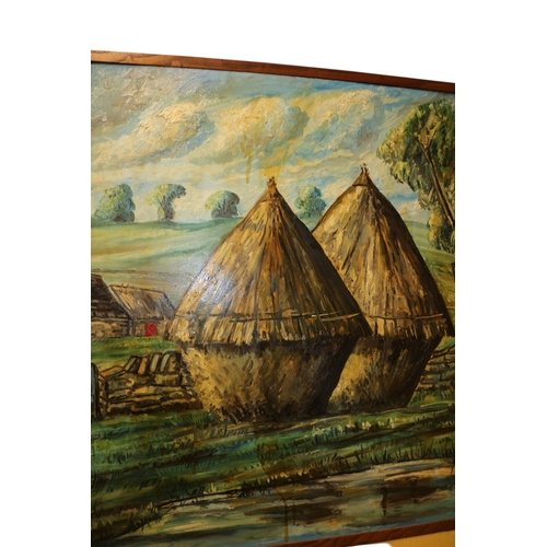 27 - Very Large Commissioned Oil on Board Painting by Alban Atkins of a French Farm with Pond and Hay Sta... 