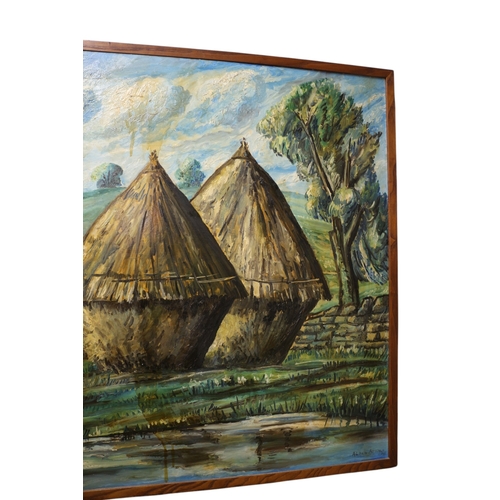 27 - Very Large Commissioned Oil on Board Painting by Alban Atkins of a French Farm with Pond and Hay Sta... 