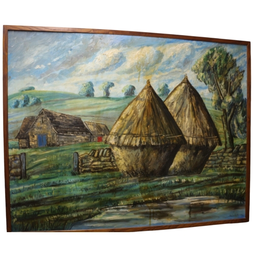 27 - Very Large Commissioned Oil on Board Painting by Alban Atkins of a French Farm with Pond and Hay Sta... 