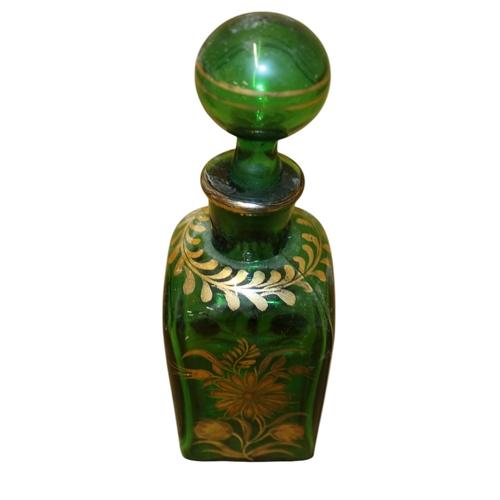 38 - Baccarat Styled Vintage Green Glass Decanter with Ball Stopper and Gilded Floral Patterning - 24cm T... 