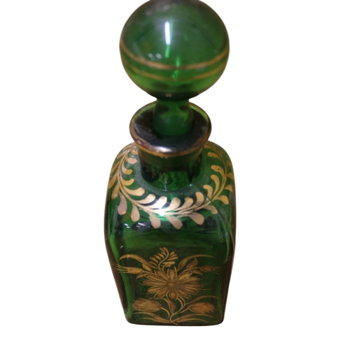 38 - Baccarat Styled Vintage Green Glass Decanter with Ball Stopper and Gilded Floral Patterning - 24cm T... 