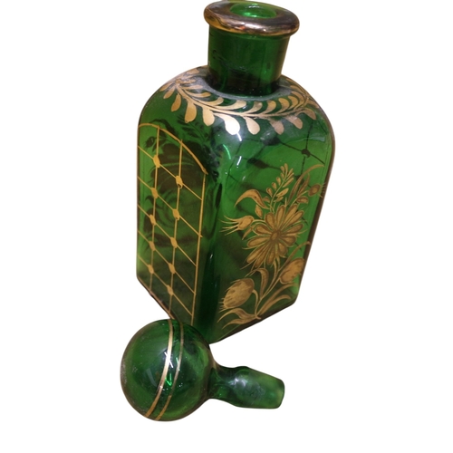 38 - Baccarat Styled Vintage Green Glass Decanter with Ball Stopper and Gilded Floral Patterning - 24cm T... 