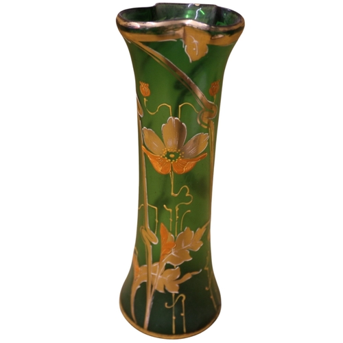 39 - Possibly Liberty or Francois T. Legras? Green Glass Vase with Enamelled Gold and Orange Floral Patte... 