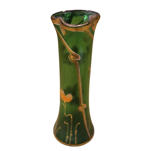 39 - Possibly Liberty or Francois T. Legras? Green Glass Vase with Enamelled Gold and Orange Floral Patte... 