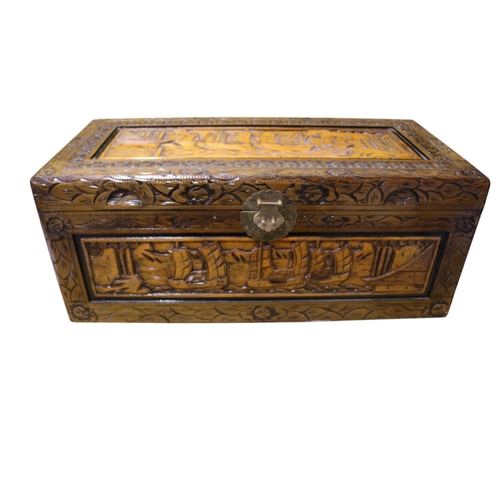 43 - Large Wooden, Highly Carved with Nautical Scenes to Top, Sides and Front Storage Box with Brass Lock... 