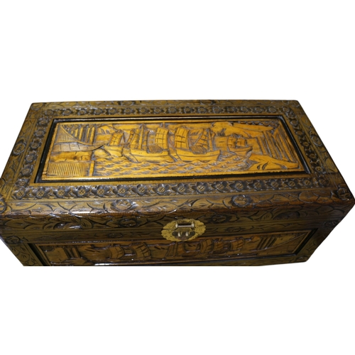 43 - Large Wooden, Highly Carved with Nautical Scenes to Top, Sides and Front Storage Box with Brass Lock... 