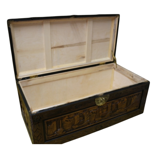 43 - Large Wooden, Highly Carved with Nautical Scenes to Top, Sides and Front Storage Box with Brass Lock... 