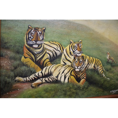 66 - Early 20th Century Oil on Canvas - Very Nice Example Painting of Tigers with a Fox in the Background... 