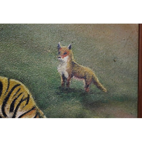 66 - Early 20th Century Oil on Canvas - Very Nice Example Painting of Tigers with a Fox in the Background... 