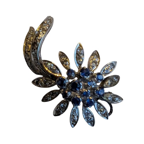 145 - White Metal (No Marks) - Sapphire and Diamond? Flower Brooch - 6.1g