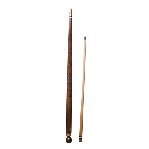 68 - Dragon Carved ADAC Screw Together Snooker Cue / Walking Stick with Brass Tip and Ball Handle