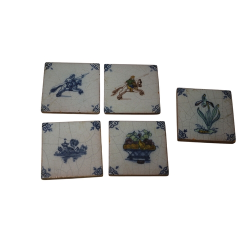 22 - 5x Blue and White, Believed to be Delph, Antique Tiles, Each 7.5cm Square