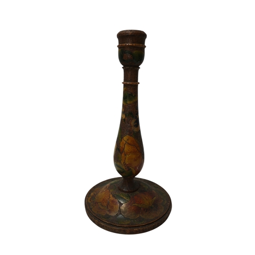 24 - Vintage Hand Created and Coloured Pyrograph Wooden Lamp Base, 31cm tall