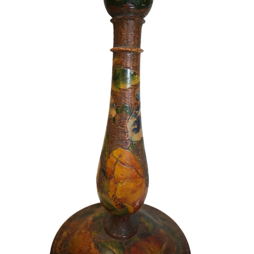 24 - Vintage Hand Created and Coloured Pyrograph Wooden Lamp Base, 31cm tall