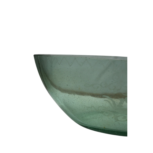 25 - Very Nice Vintage Aqua Green Glass Bowl with Etched Viking Boat on the side, 31 x 15 x 12cm