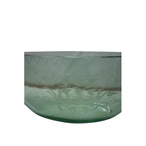 25 - Very Nice Vintage Aqua Green Glass Bowl with Etched Viking Boat on the side, 31 x 15 x 12cm