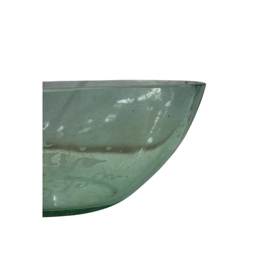 25 - Very Nice Vintage Aqua Green Glass Bowl with Etched Viking Boat on the side, 31 x 15 x 12cm