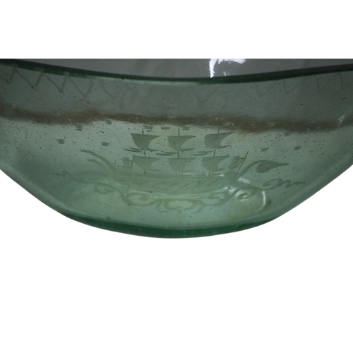 25 - Very Nice Vintage Aqua Green Glass Bowl with Etched Viking Boat on the side, 31 x 15 x 12cm