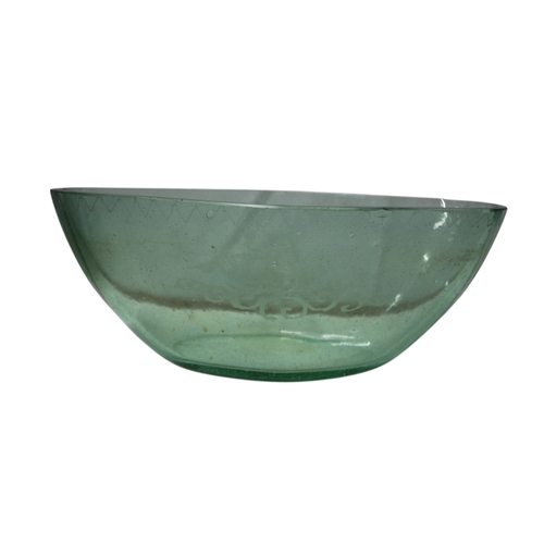 25 - Very Nice Vintage Aqua Green Glass Bowl with Etched Viking Boat on the side, 31 x 15 x 12cm