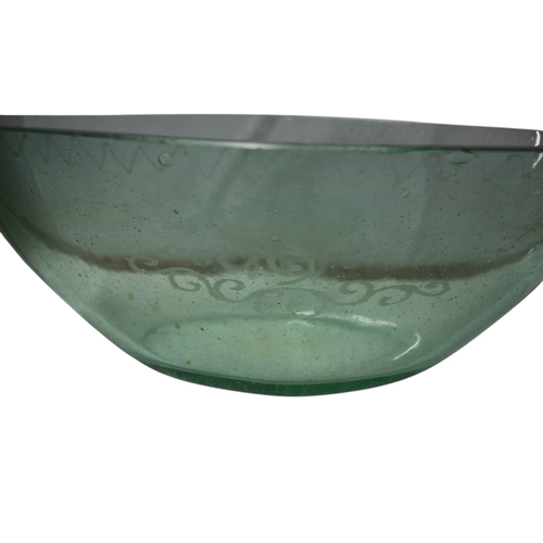 25 - Very Nice Vintage Aqua Green Glass Bowl with Etched Viking Boat on the side, 31 x 15 x 12cm