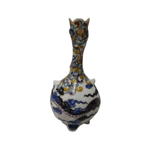 31 - Antique Chinese Famille Verte Bud Vase with Hand Painted Dragon Design, 17cm tall