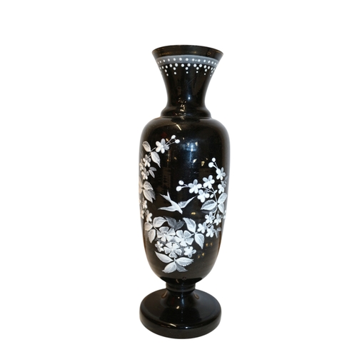 32 - Antique Victorian Mourning Black Opaline Art Glass Vase with Hand Painted White Enamel Flowers and B... 