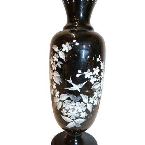 32 - Antique Victorian Mourning Black Opaline Art Glass Vase with Hand Painted White Enamel Flowers and B... 