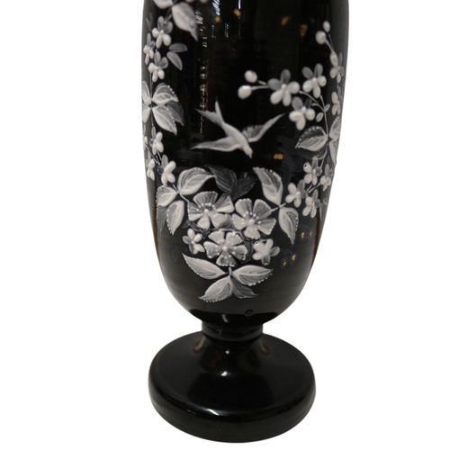 32 - Antique Victorian Mourning Black Opaline Art Glass Vase with Hand Painted White Enamel Flowers and B... 